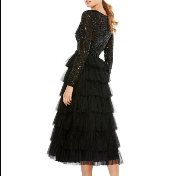 MAC DUGGAL 26299 SEQUIN BODICE LONG SLEEVE RUFFLE TIERED BLACK MIDI DRESS sz 14 - Picture 3 of 6